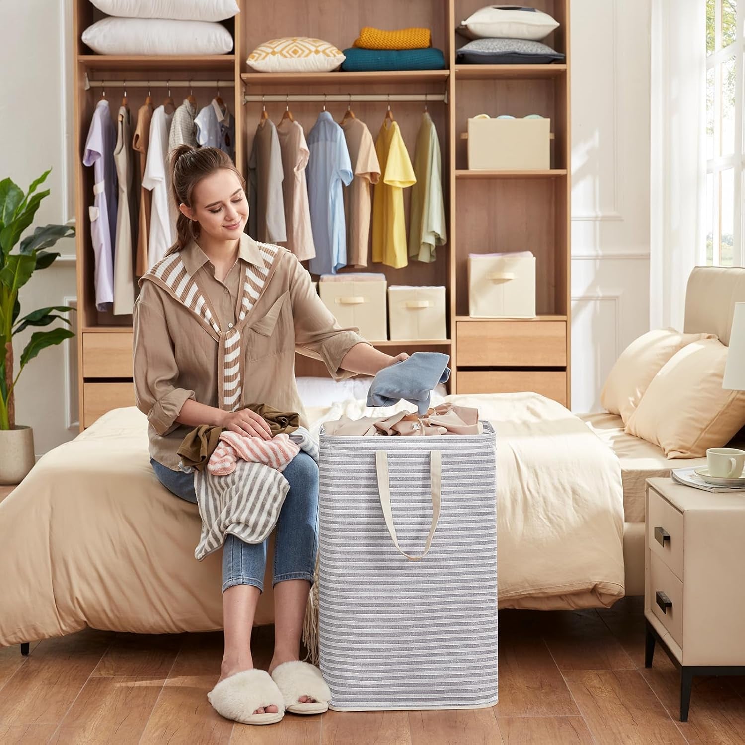 Laundry Hamper Large Collapsible Laundry Basket, Freestanding Waterproof Clothes Hamper Storage with Easy Carry Handles for Clothes in Bedroom Bathroom College Dorm for Adults, Grey, 75L