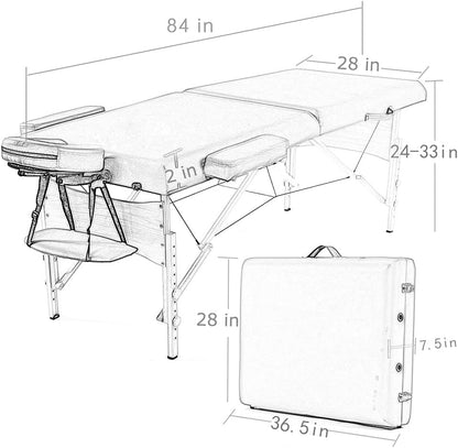 Massage Table Portable Massage Bed Spa Bed 84 Inches Long 28 Inchs Wide Hight Adjustable Massage Table 2 Folding Massage Bed Spa Bed Facial Cradle Salon Bed W/Carry Case