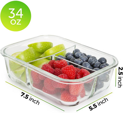 - Glass Food Storage Containers - Meal Prep Container - 5 Packs, 3 Compartments, 34 Oz