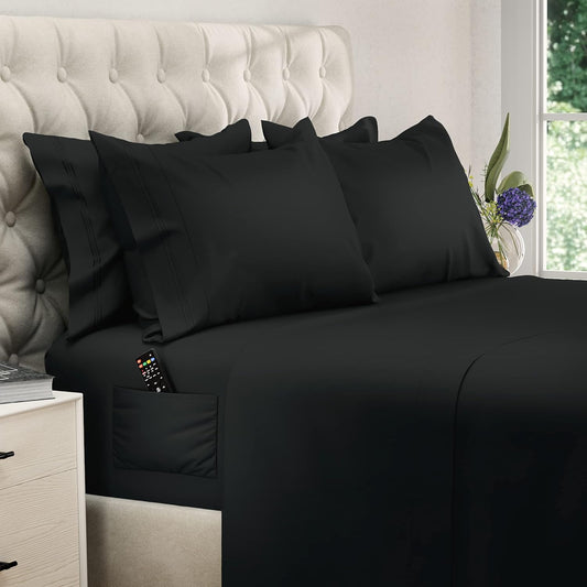 6 Piece Deep Pocket Sheets Microfiber Sheets Bed Sheets Bedding Sets California King Size, Black