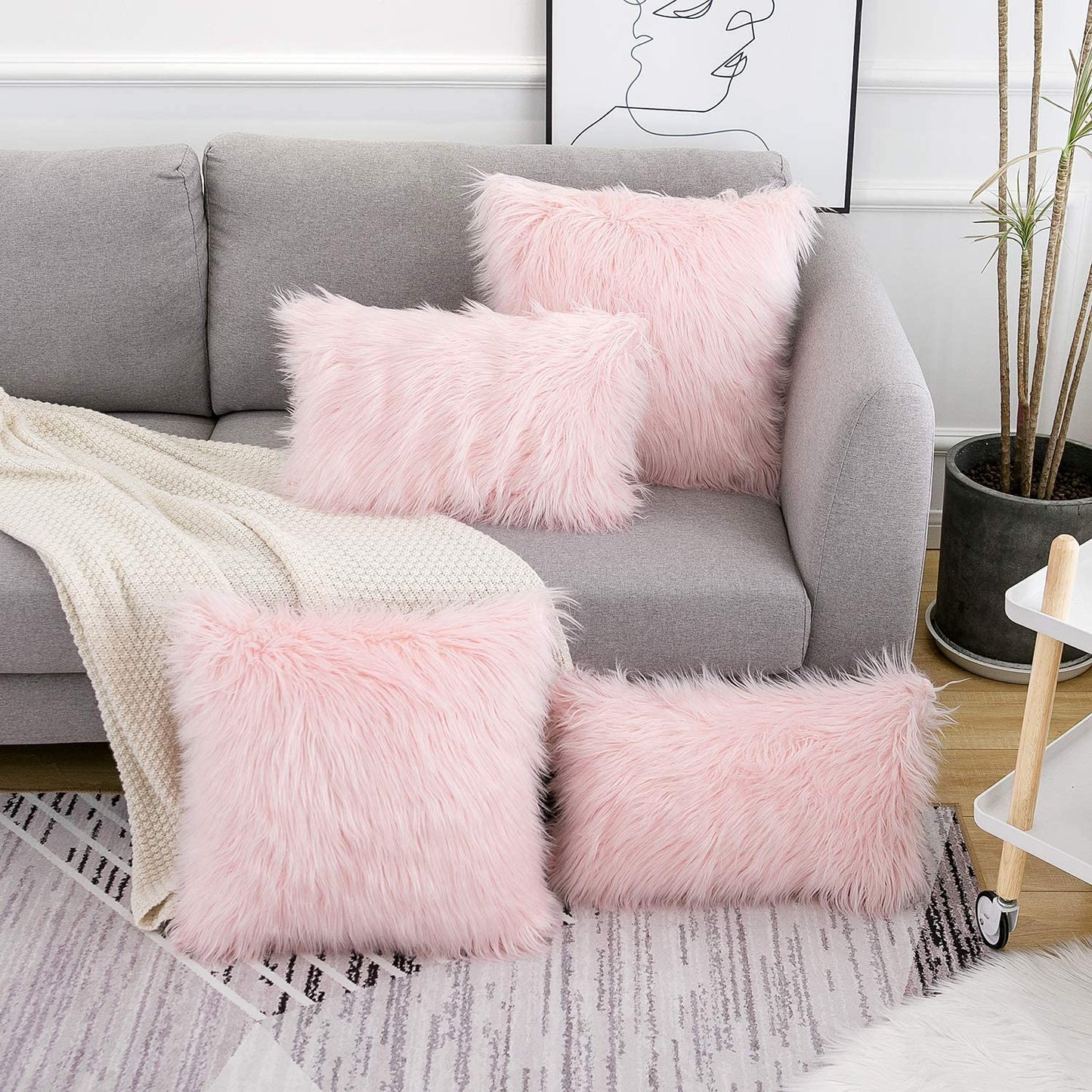 Set of 2 Pink Fluffy Pillow Covers New Luxury Series Merino Style Blush Faux Fur Decorative Throw Pillow Covers Square Fuzzy Cushion Case 18X18 Inch