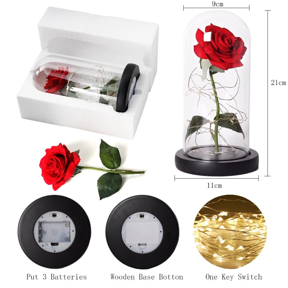 Beauty and the Beast Rose Rose in LED Glass Dome Forever Rose Red Rose Valentine'S Day Mother'S Day Special Romantic Gift