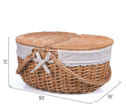 Large Wicker Picnic Basket with Lid and Handle Sturdy Woven Body with Washable Lining