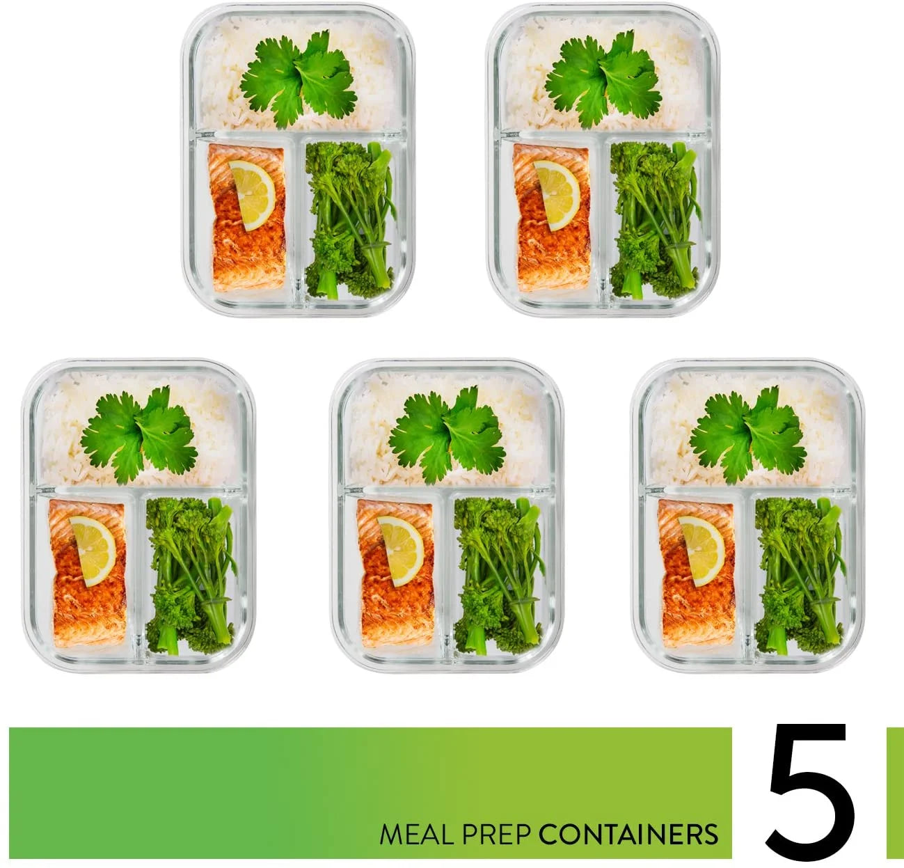 - Glass Food Storage Containers - Meal Prep Container - 5 Packs, 3 Compartments, 34 Oz