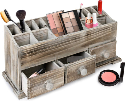 Vanity Drawer Beauty Organizer 3 Drawers - Wooden Cosmetic Storage Box for Neat & Organize Storing of Makeup Tools, Small Accessories at Home & Office Vanities & Bathroom Counter-Top (Rustic)